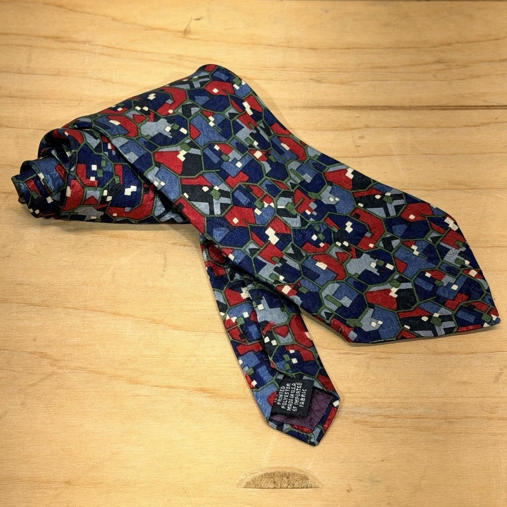 Vintage Christian Dior Monsieur Retro Geometric Tie Red Blue‎ Polyester Necktie